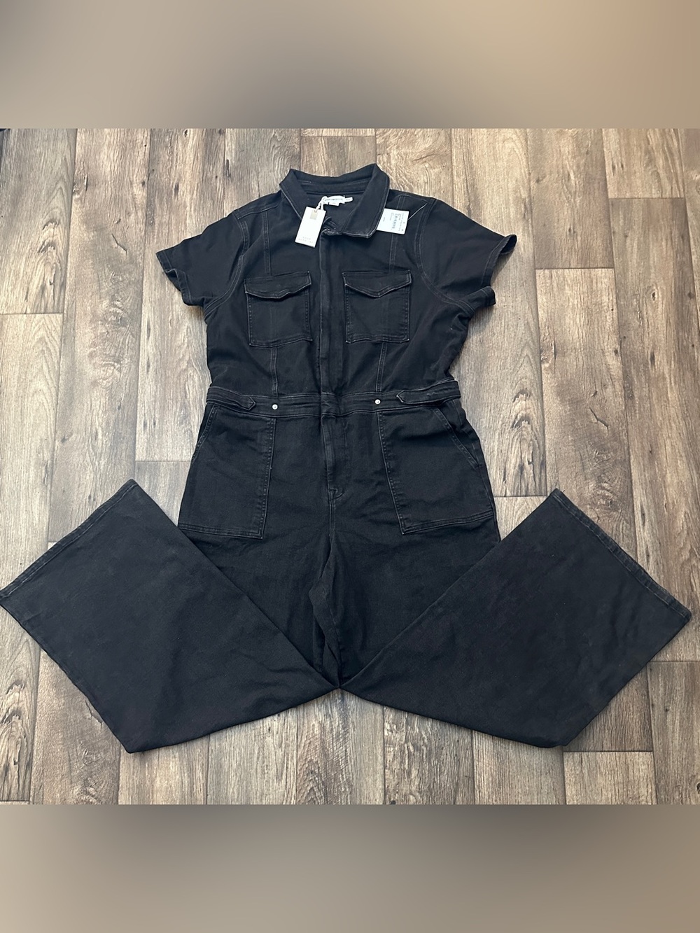 Good American Zip Front Denim Short Sleeves Jumpsuit Women’s Size 3XL Black